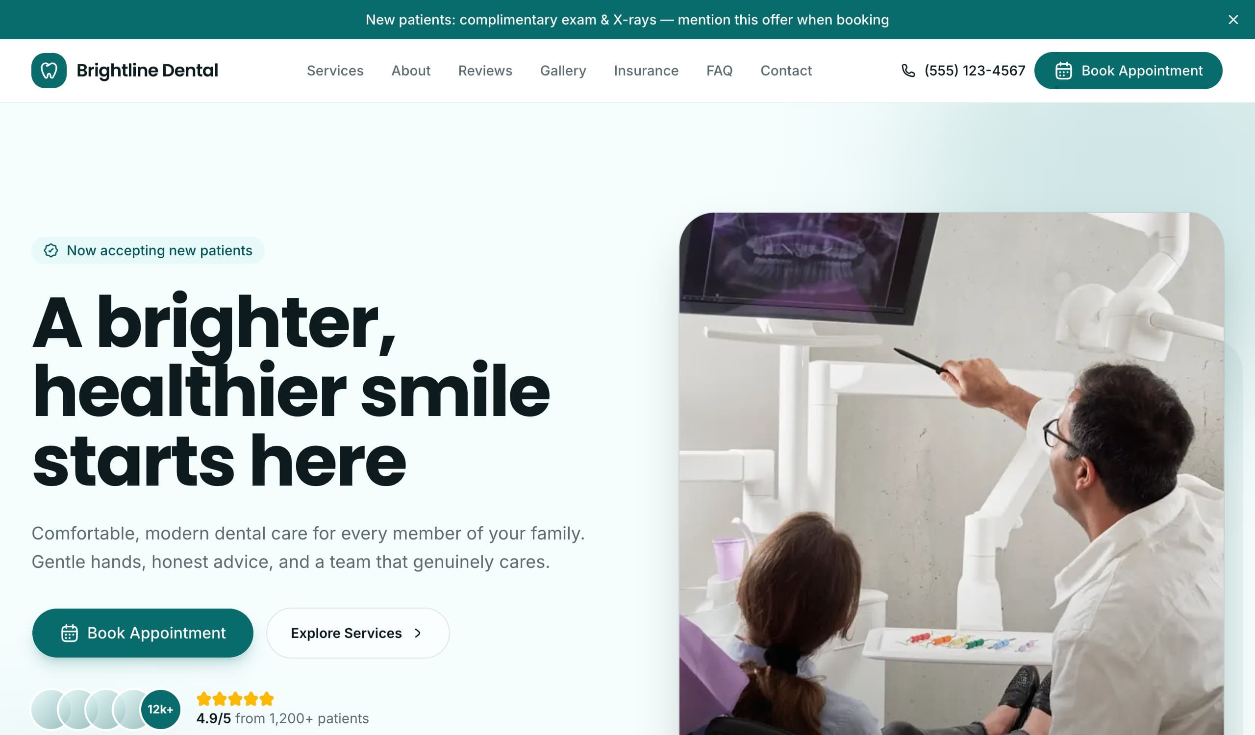 The Brightline Dental live demo homepage: a clear headline, a Book Appointment button, and a calm, fast layout.